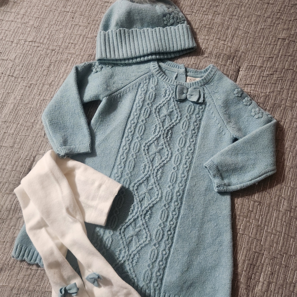 Rachel Zoe Light Blue Knit Dress with Matching Hat and White Tights